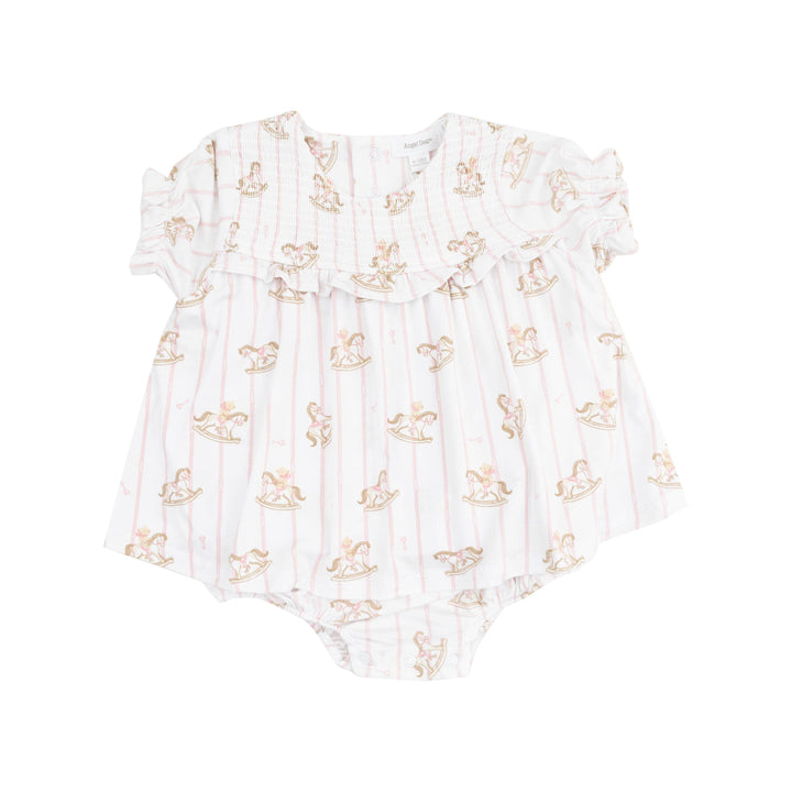 short sleeve dress with bodysuit attahed and smocked top. white dress with pink pinstripes and rocking horse print on the dress. 