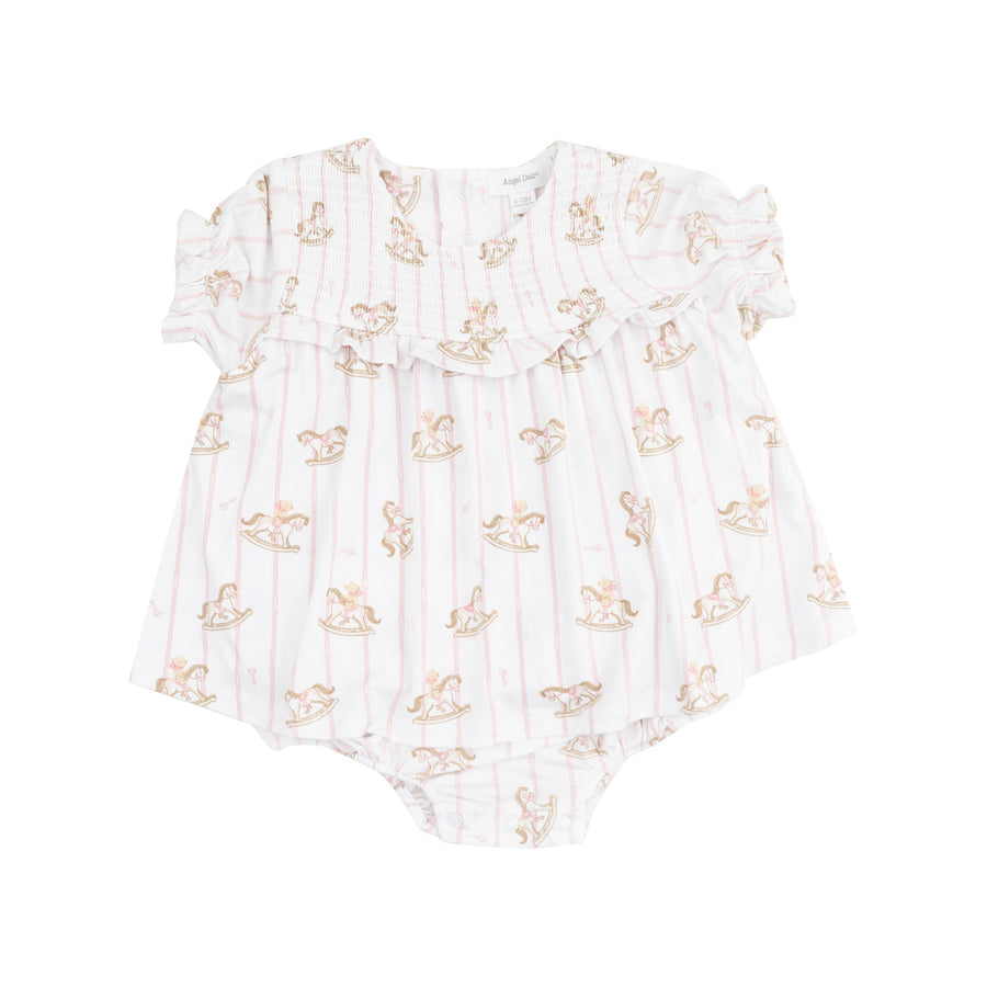 short sleeve dress with bodysuit attahed and smocked top. white dress with pink pinstripes and rocking horse print on the dress. 