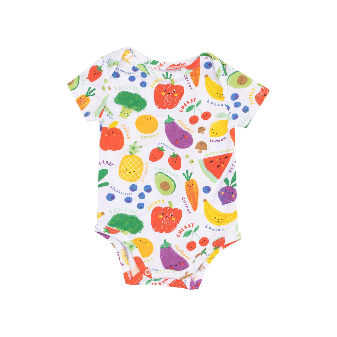 baby bodysuit with fun fruits and veggies all over. the fruit and veggies have smiley faces on them. 