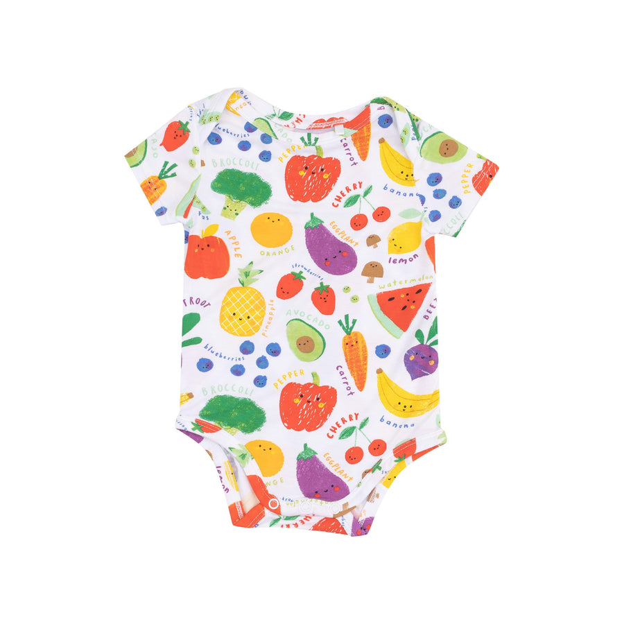 baby bodysuit with fun fruits and veggies all over. the fruit and veggies have smiley faces on them. 