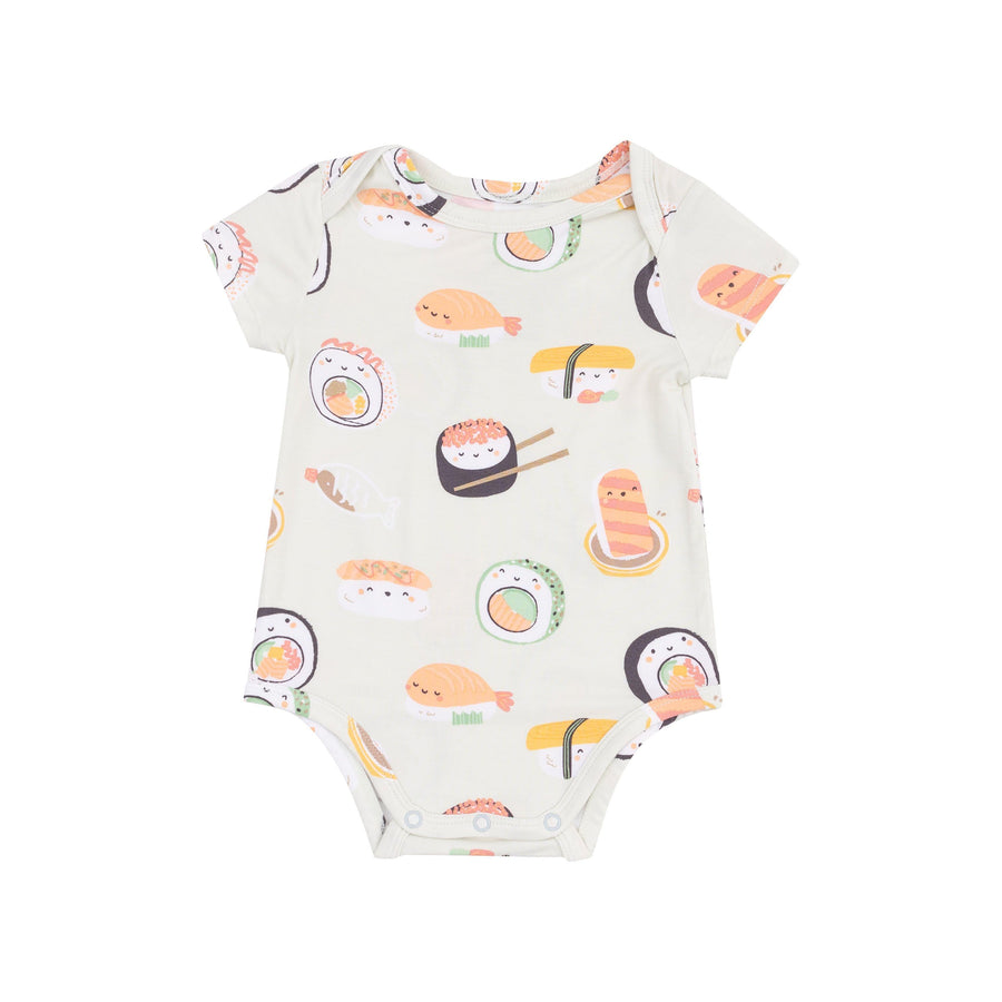 baby bodysuit with sushi printed all over it. the sushi has little faces on it and the bodysuit is a pistacio green. 
