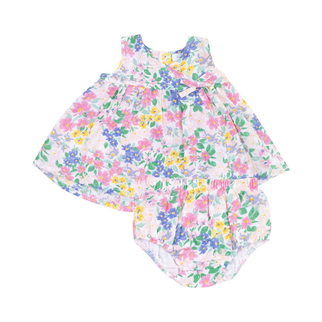 kimono style baby dress in pink, yellow and blue floral print. matching bloomer comes with dress. 