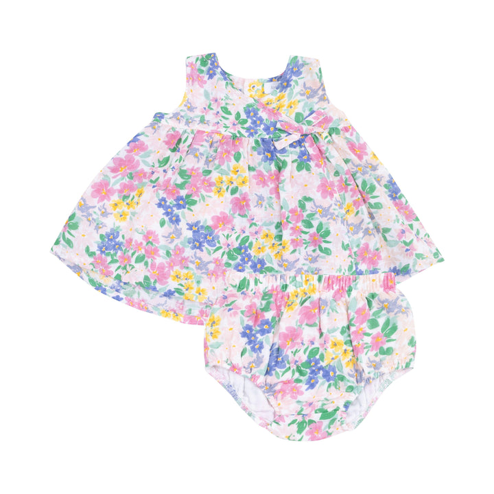 kimono style baby dress in pink, yellow and blue floral print. matching bloomer comes with dress. 