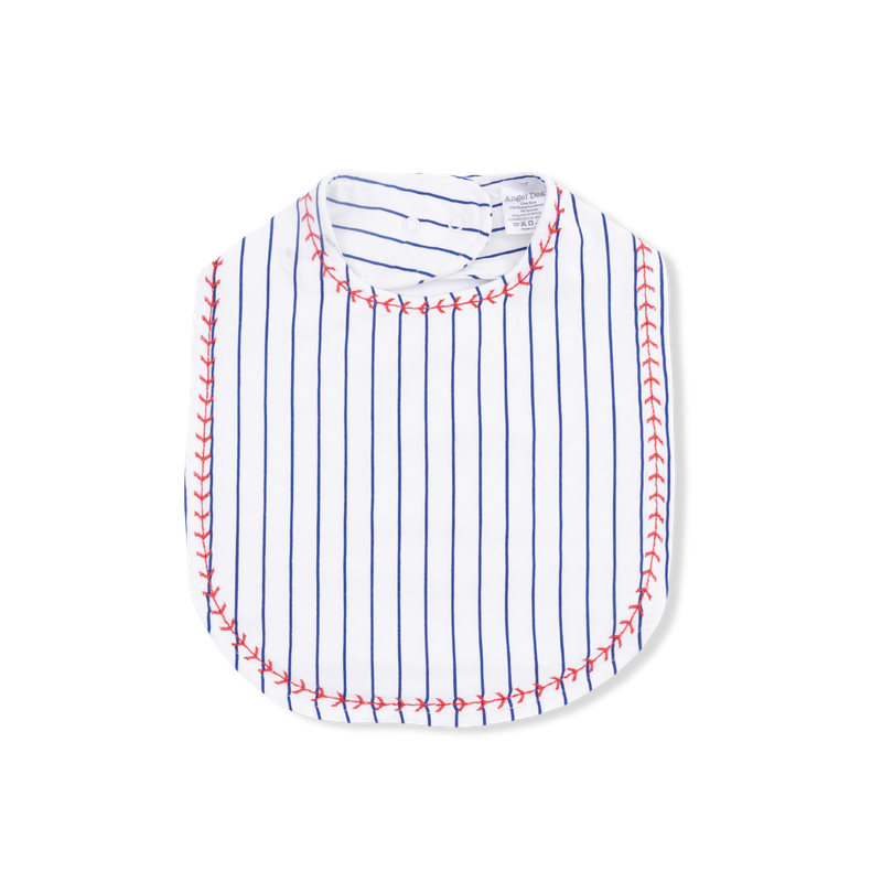 Striped bib with red stitching on a white background