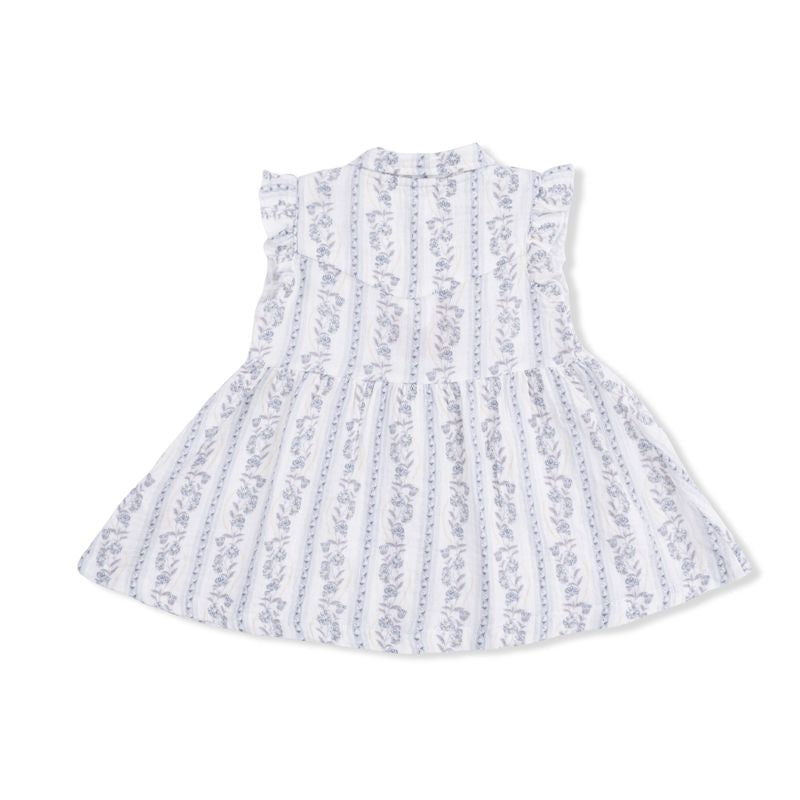 White dress with blue floral stripe pattern on a white background