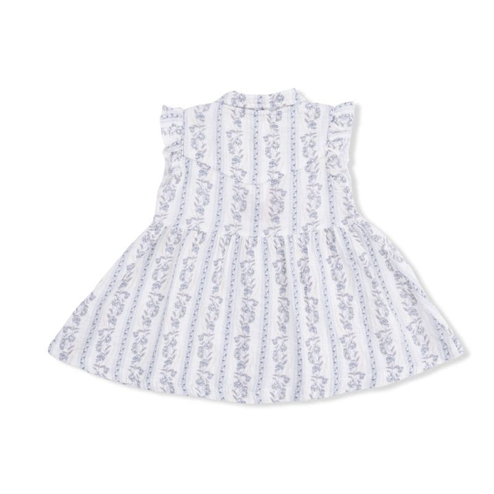 White dress with blue floral stripe pattern on a white background