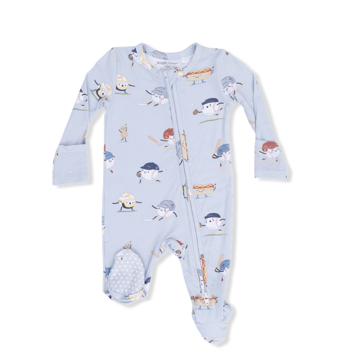 Baby onesie with a blue baseball pattern on a white background