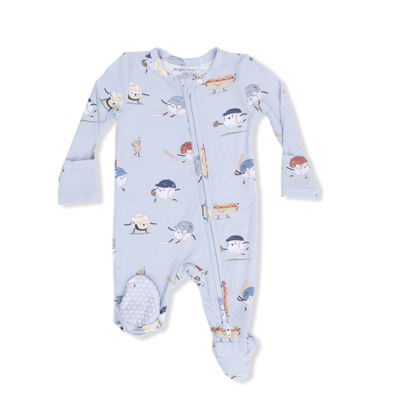 Baby onesie with a blue baseball pattern on a white background