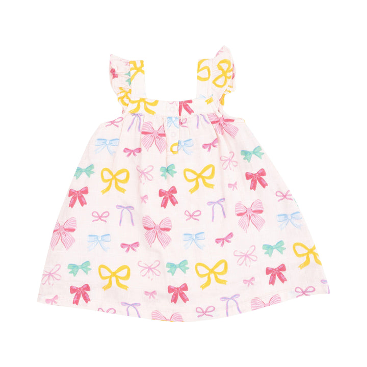 girls dress a-line silhouette with ruffle at the sleeve and knee length. multi colored bows: pink, yellow, green and purple. 