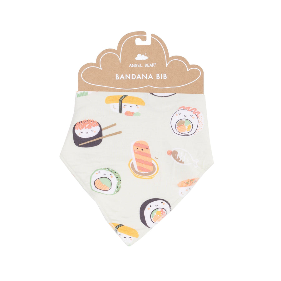 Pistachio green bandana bib with sushi printed on it. the sushi rolls have faces on it. 
