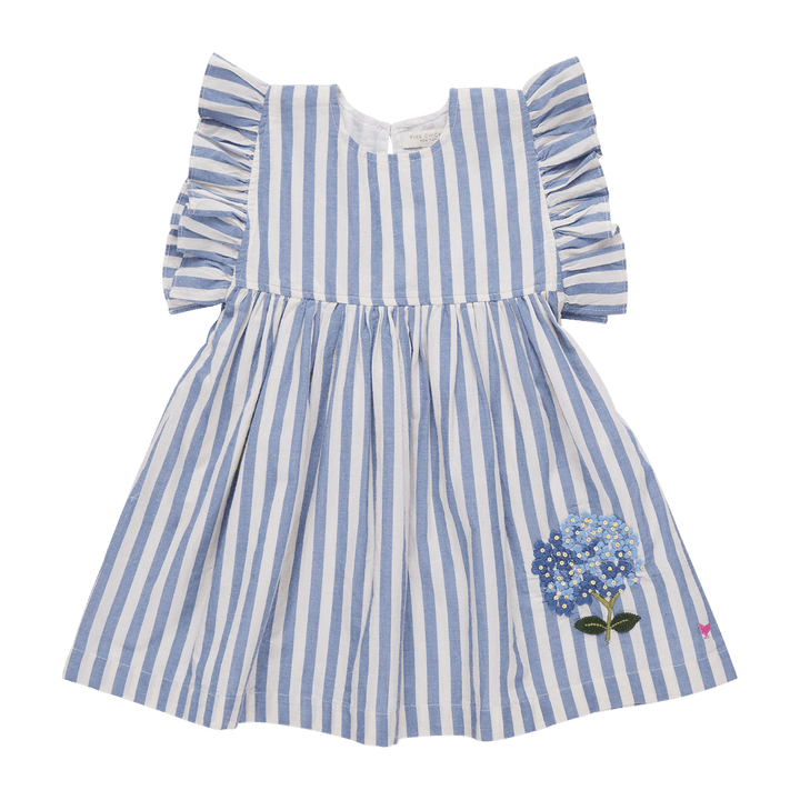 blue and white stripe dress with ruffles at the sleeves and a blue hydrengea embroidered at the bottom left corner of the dress. 
