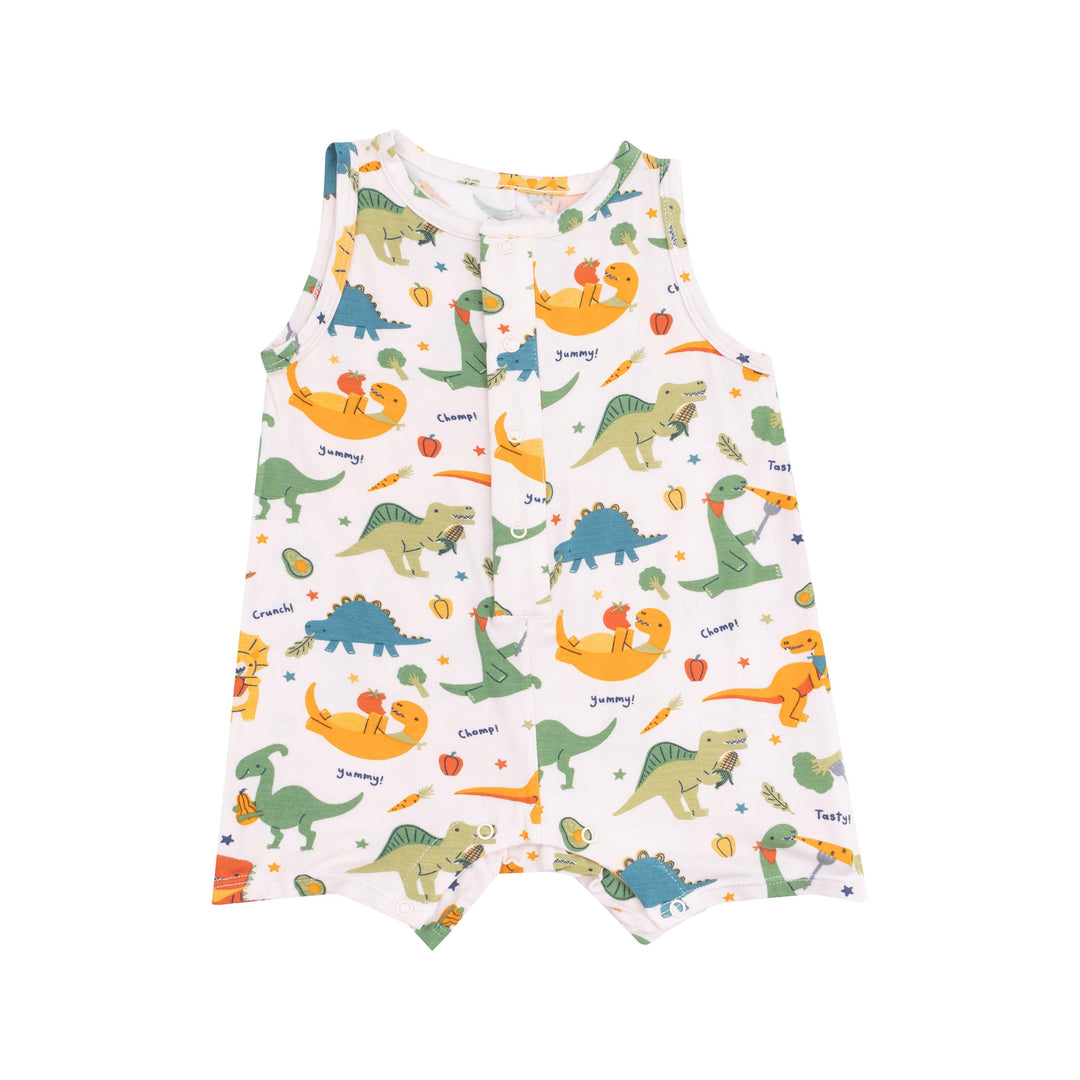 sleeveless baby romper in bamboo material. dinos and veggies printed all over the romper. 