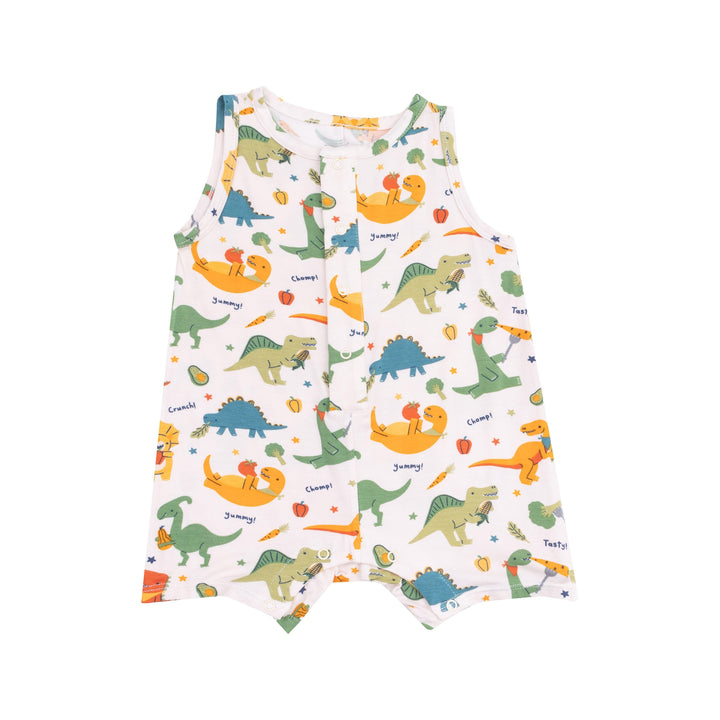 sleeveless baby romper in bamboo material. dinos and veggies printed all over the romper. 