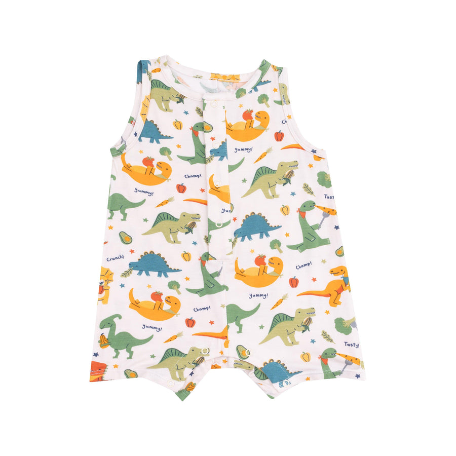 sleeveless baby romper in bamboo material. dinos and veggies printed all over the romper. 