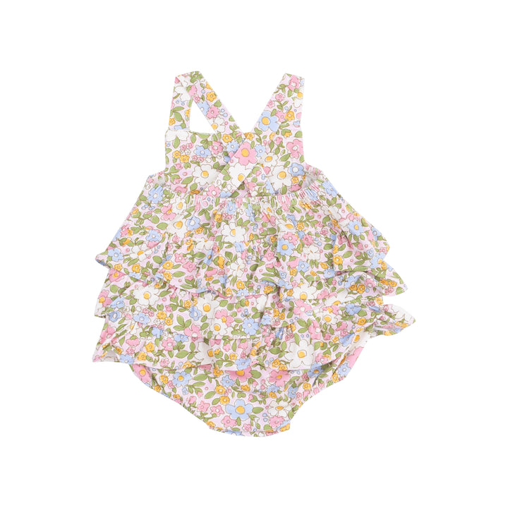 happy pastel floral sunsuit with ruffles on the bum. criss cross back. 