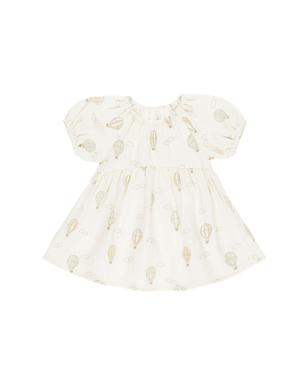 beige blouson dress with pastel hot air balloons printed all over
