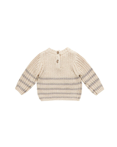 back of the beige sweater, chunky knit with gray stripes going across the bottom. 