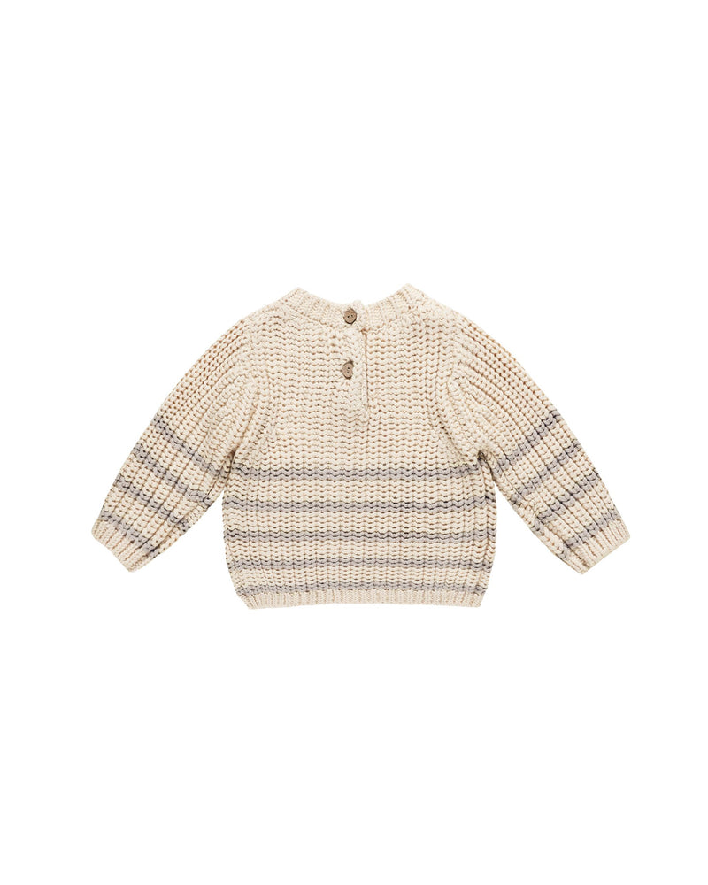 back of the beige sweater, chunky knit with gray stripes going across the bottom. 