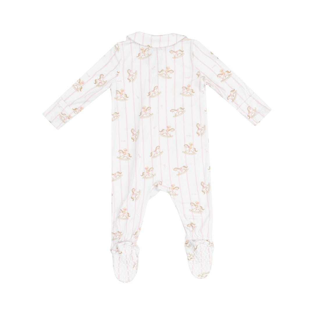 back of baby girl footie with pink pinstripes with vintage rocking horses all over the baby girl footie. 