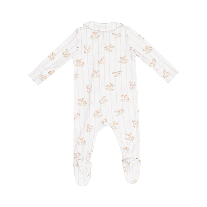 back of baby girl footie with pink pinstripes with vintage rocking horses all over the baby girl footie. 