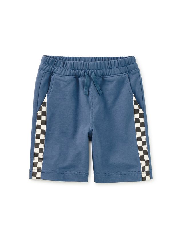 Blue shorts with checkered side panels on a white background