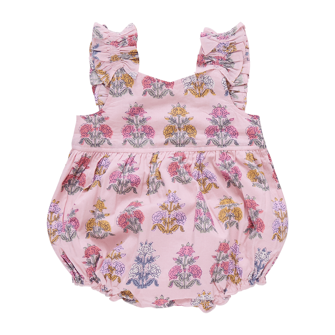 baby girl bubble, pink with bohemian floral print, slight v in the neckline and ruffled sleeves from front to back. 