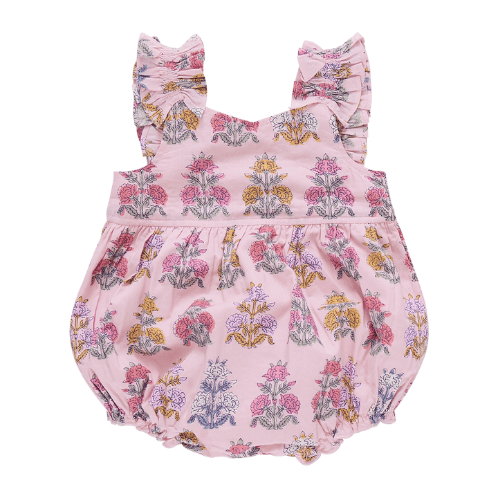 baby girl bubble, pink with bohemian floral print, slight v in the neckline and ruffled sleeves from front to back. 