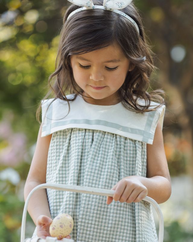 Young girl in a checkered dress holding a basket with a blurred natural background