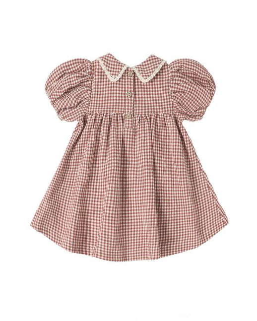 Red and white checkered dress with puffed sleeves on a white background