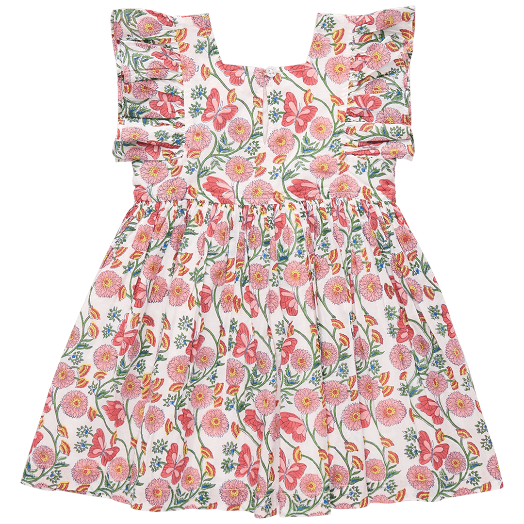 back of sleeveless girls dress with ruffle at the sleeve. pink flowers, green vines connecting the flowers and pink butterflies. 