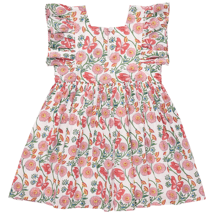 back of sleeveless girls dress with ruffle at the sleeve. pink flowers, green vines connecting the flowers and pink butterflies. 