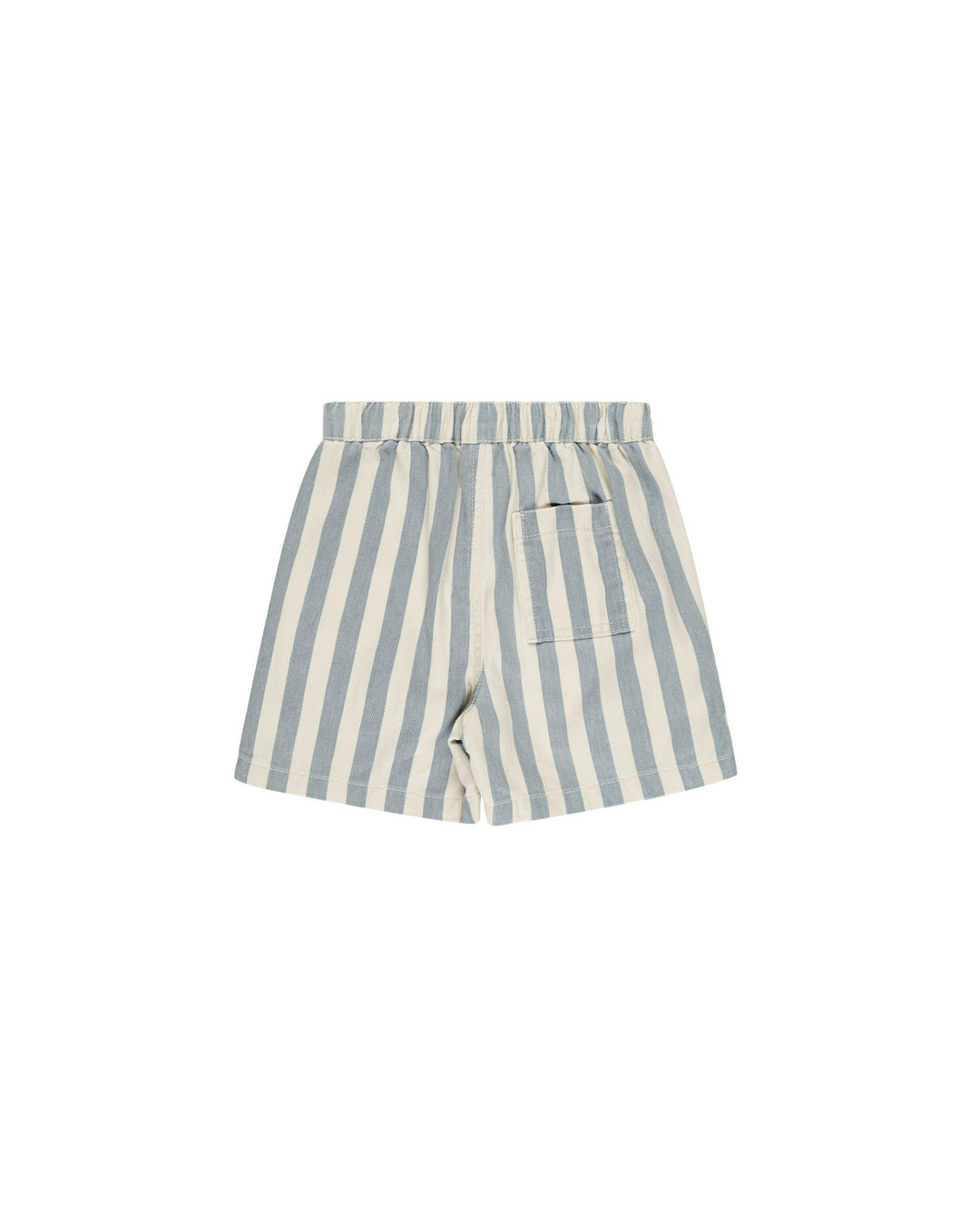 back of vertical blue and ivory striped shorts with pocked on the back. 