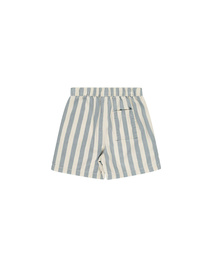 back of vertical blue and ivory striped shorts with pocked on the back. 