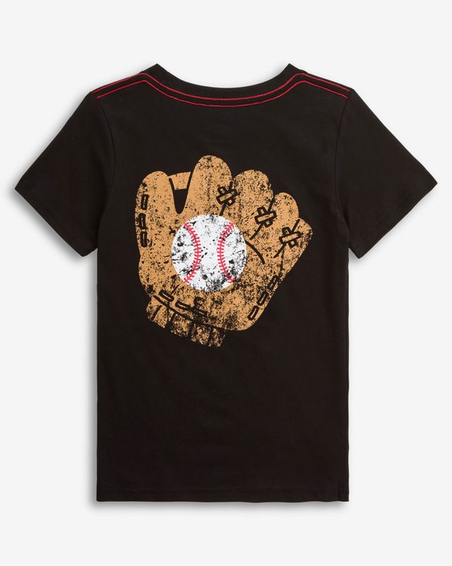 Black t-shirt with a graphic of a baseball glove and ball on a white background