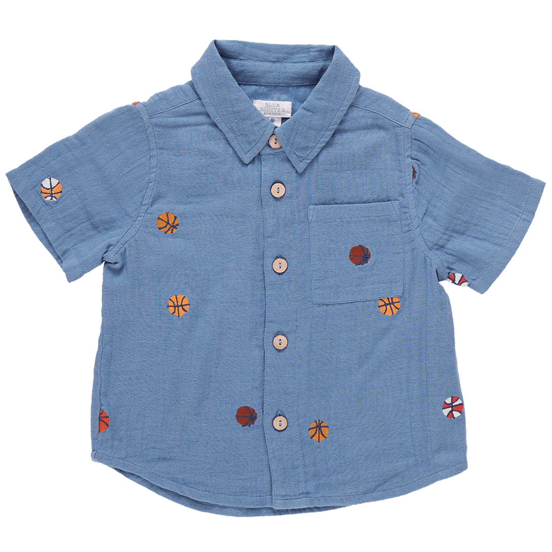 blue gauze button down collared shirt with basketballs emboridered  all over it.