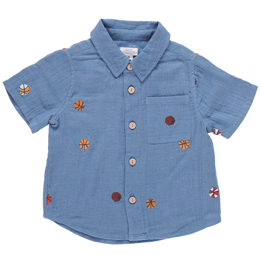 blue gauze button down collared shirt with basketballs emboridered  all over it.