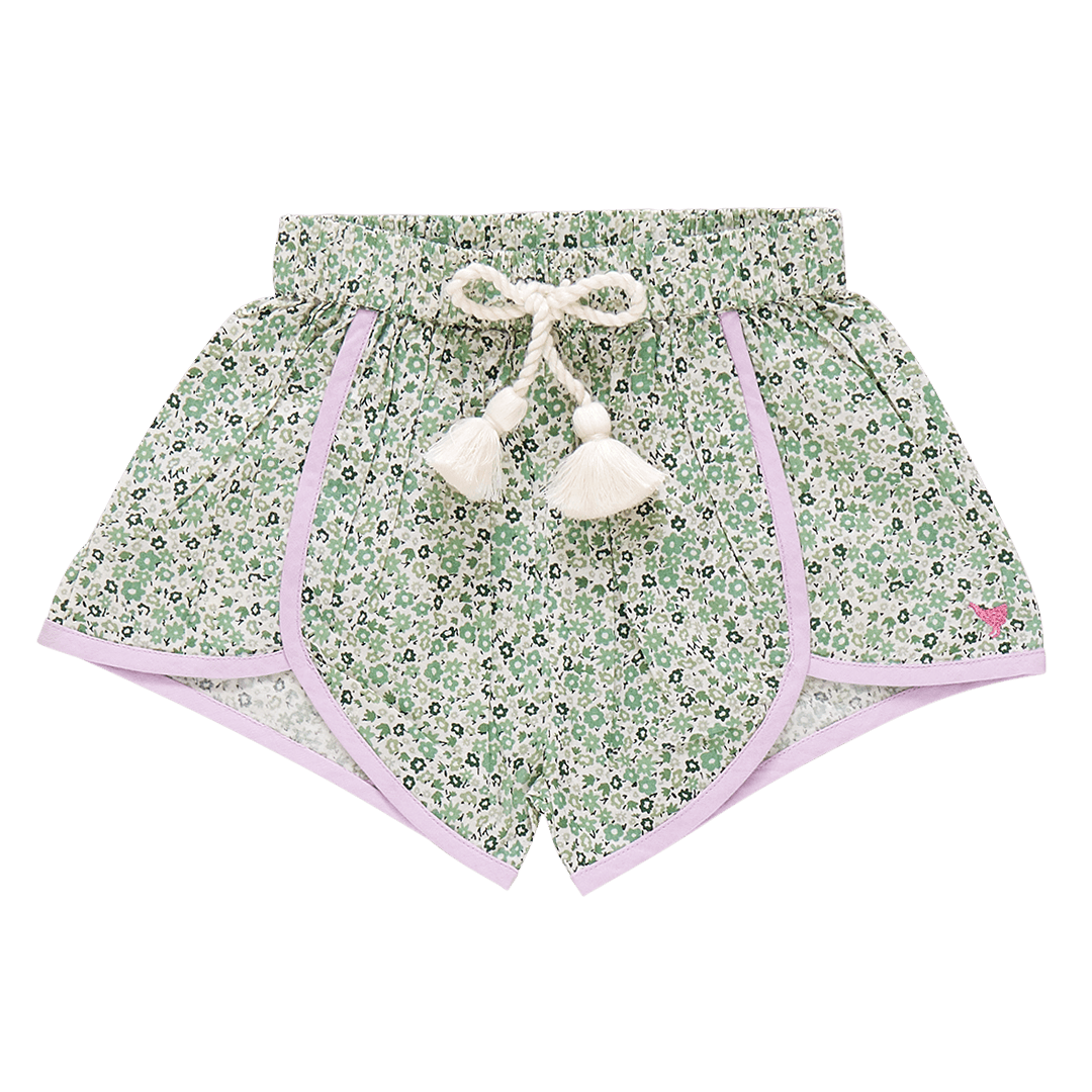 green floral print with lavender piping with faux drawstring. elastic waist. 