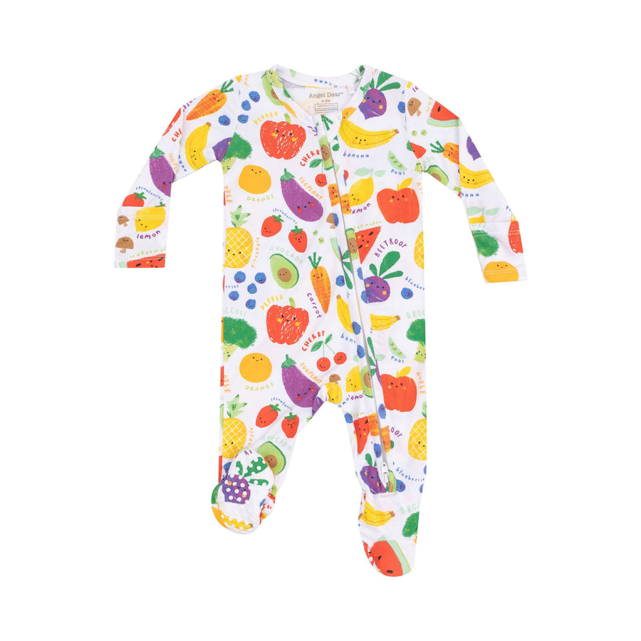 baby footie with frutis and vegetables all over the footie. the fruits and veggies are smiling and look happy. 