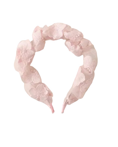 Pink tulle headband with butterflies on a light gray background