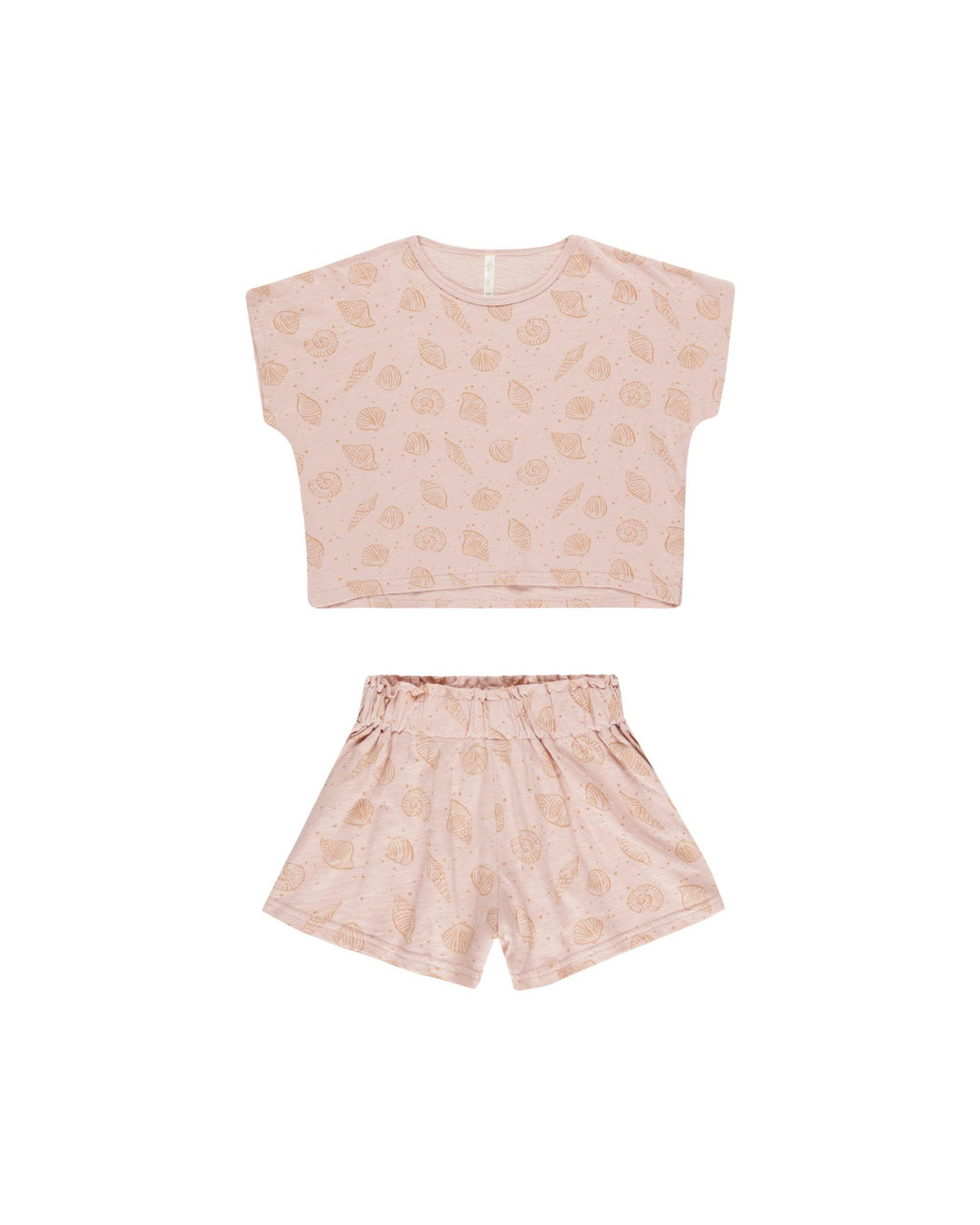 pink two piece girls set with short sleeves, shorts and a seashell print. 