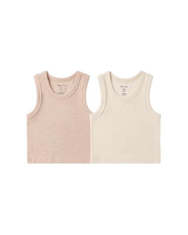 Two sleeveless shirts, one pink and one beige, on a white background.