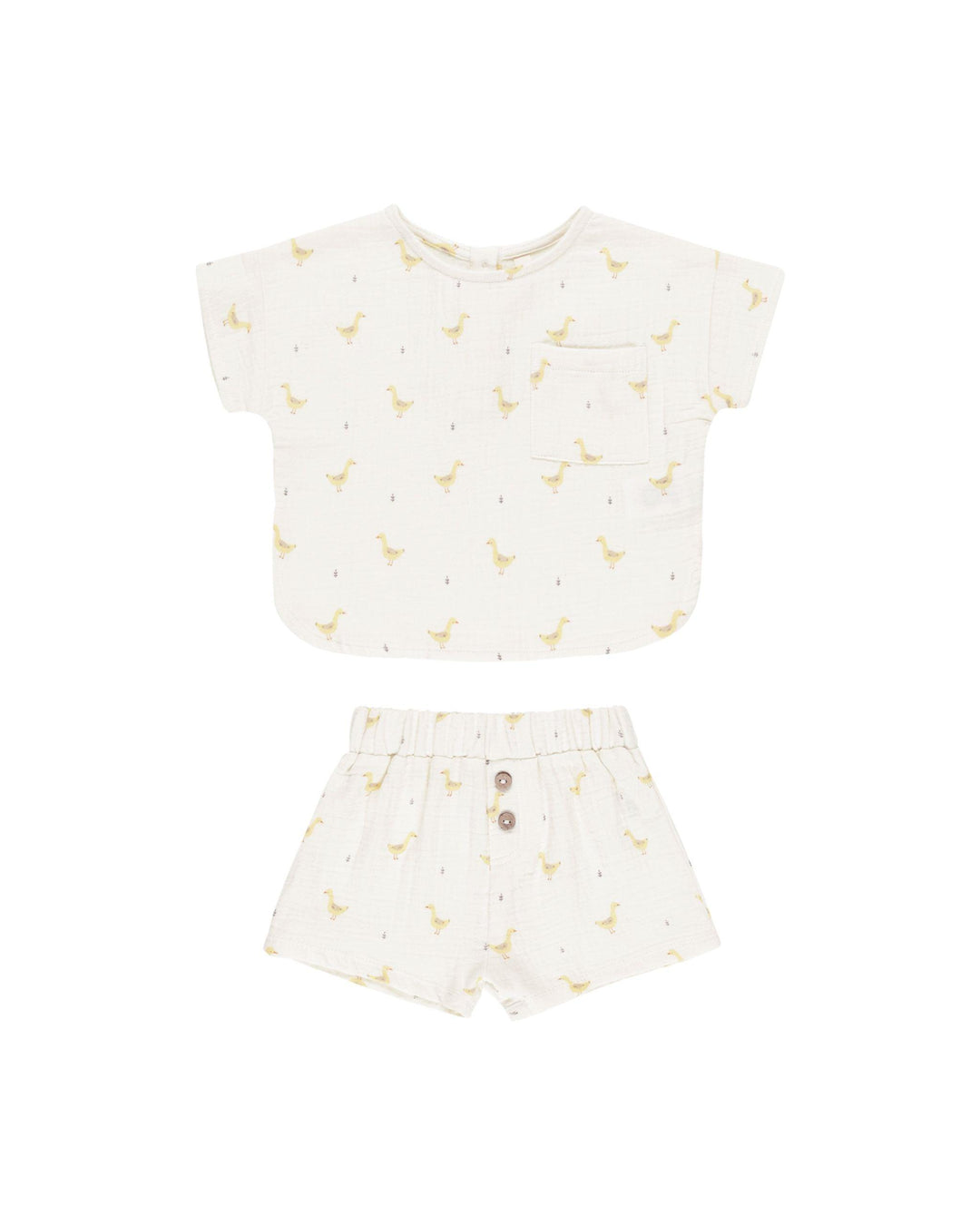 woven 2 piece ivory set with yellow geese all over both the top and bottom. top is short sleeve and bottoms are shorts. 