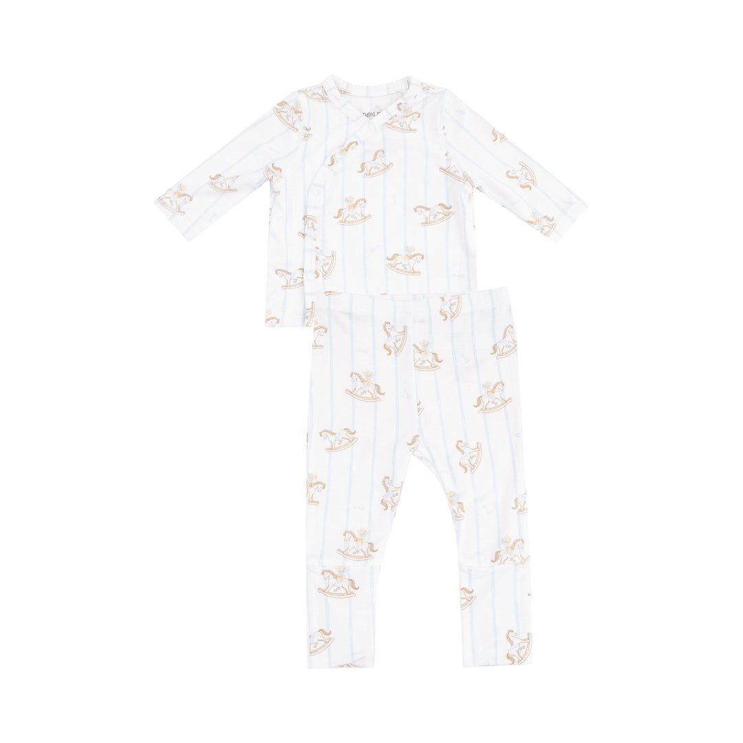 baby boy take home set white base with blue pin stripes and rocking horses. 