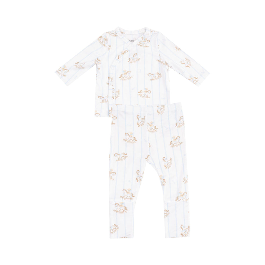 baby boy take home set white base with blue pin stripes and rocking horses. 