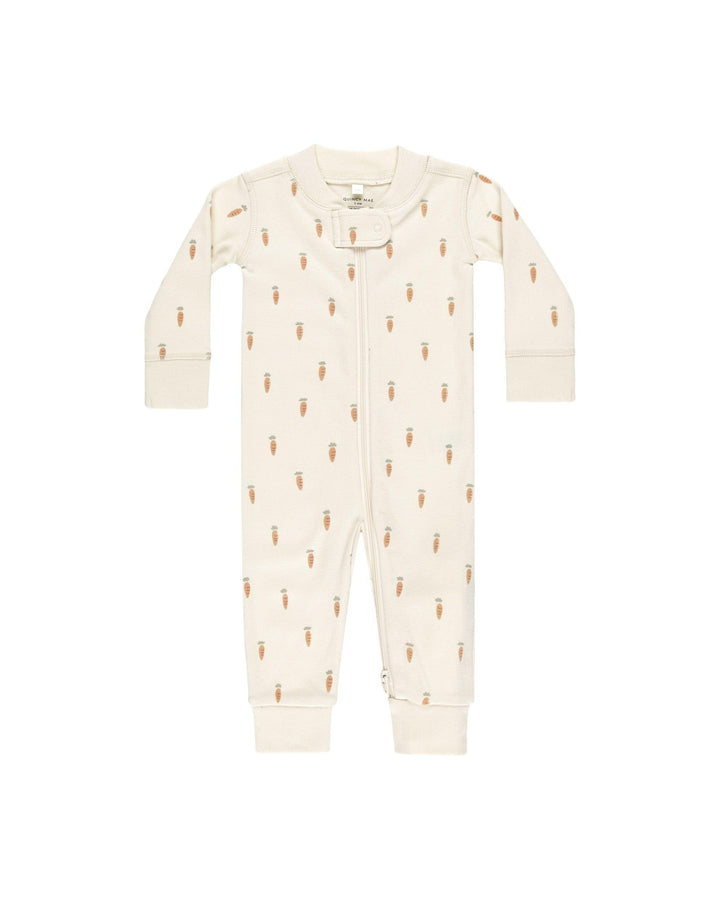 beige zipper onesie outfit with tiny orange carrots all over the onesie