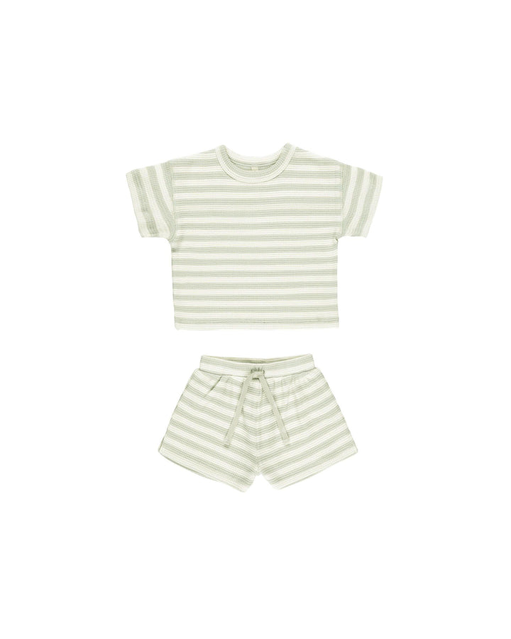 beige and light lime green stripe set: short sleeve top and drawstring shorts. 