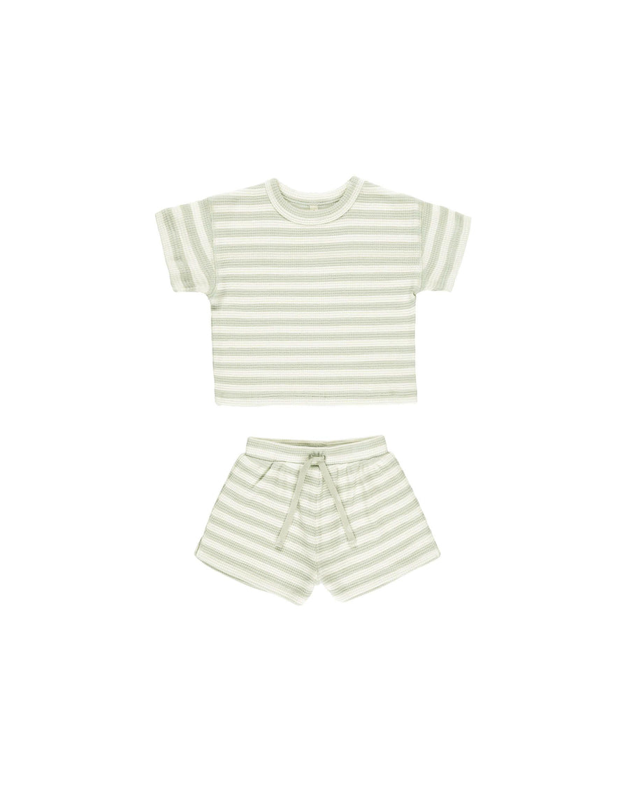 beige and light lime green stripe set: short sleeve top and drawstring shorts. 