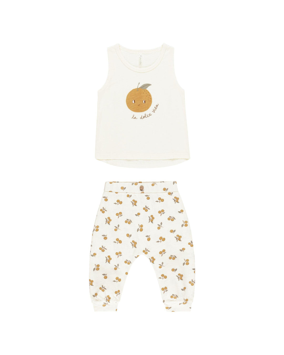 tank and slouch pants set. tank has an orange on it that is smiling and pants have lots of little oranges on the pants. 
