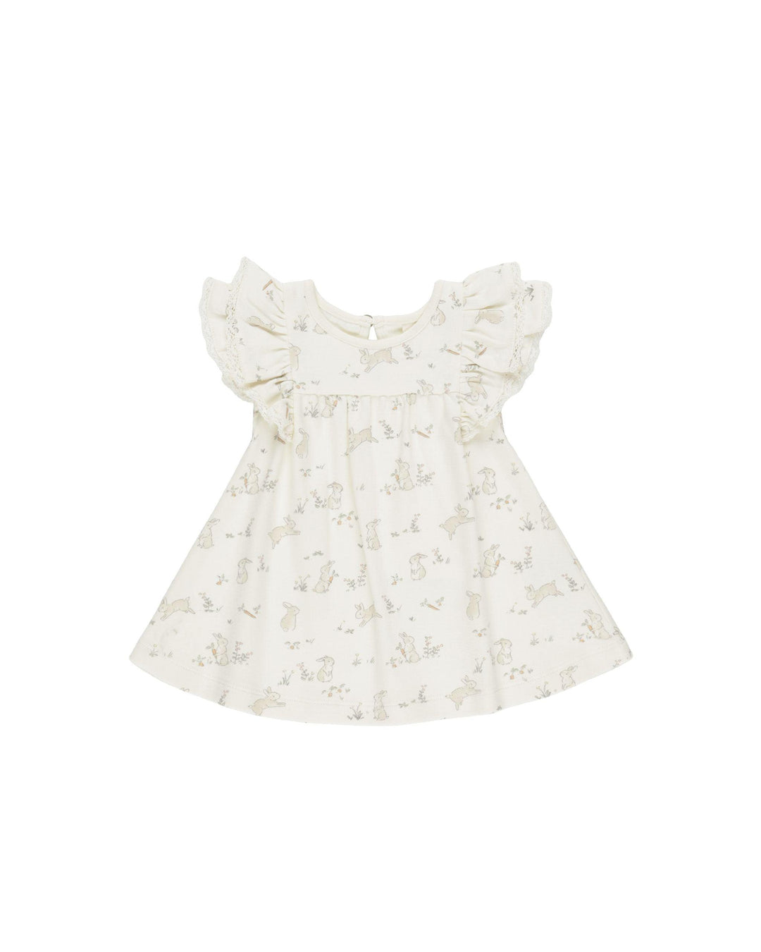 organic cotton flutter sleeve dress with ruffles on the sleeve and tiny bunny print all over the dress. 