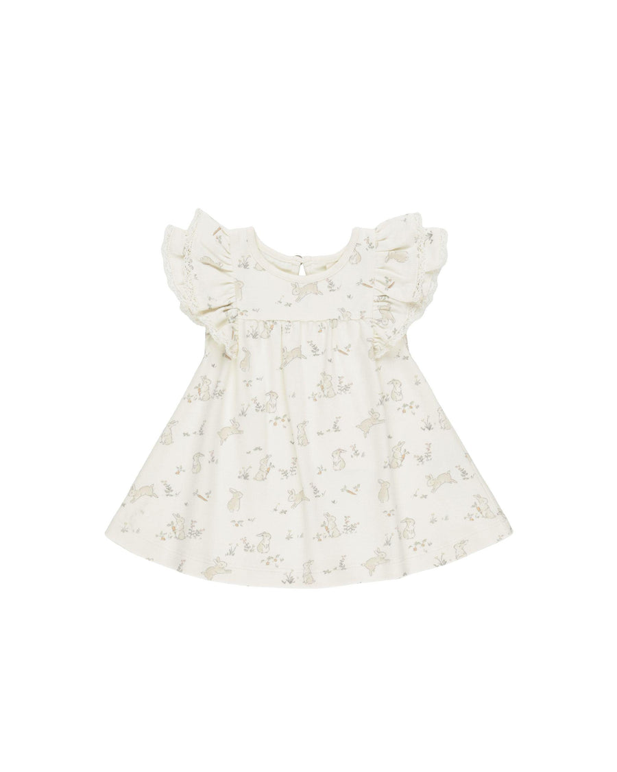 organic cotton flutter sleeve dress with ruffles on the sleeve and tiny bunny print all over the dress. 